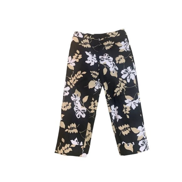 Size 8 Rafaella Women's Crop Pants Black Floral Leaf Print 23" Inseam Cuffed - Picture 2 of 6